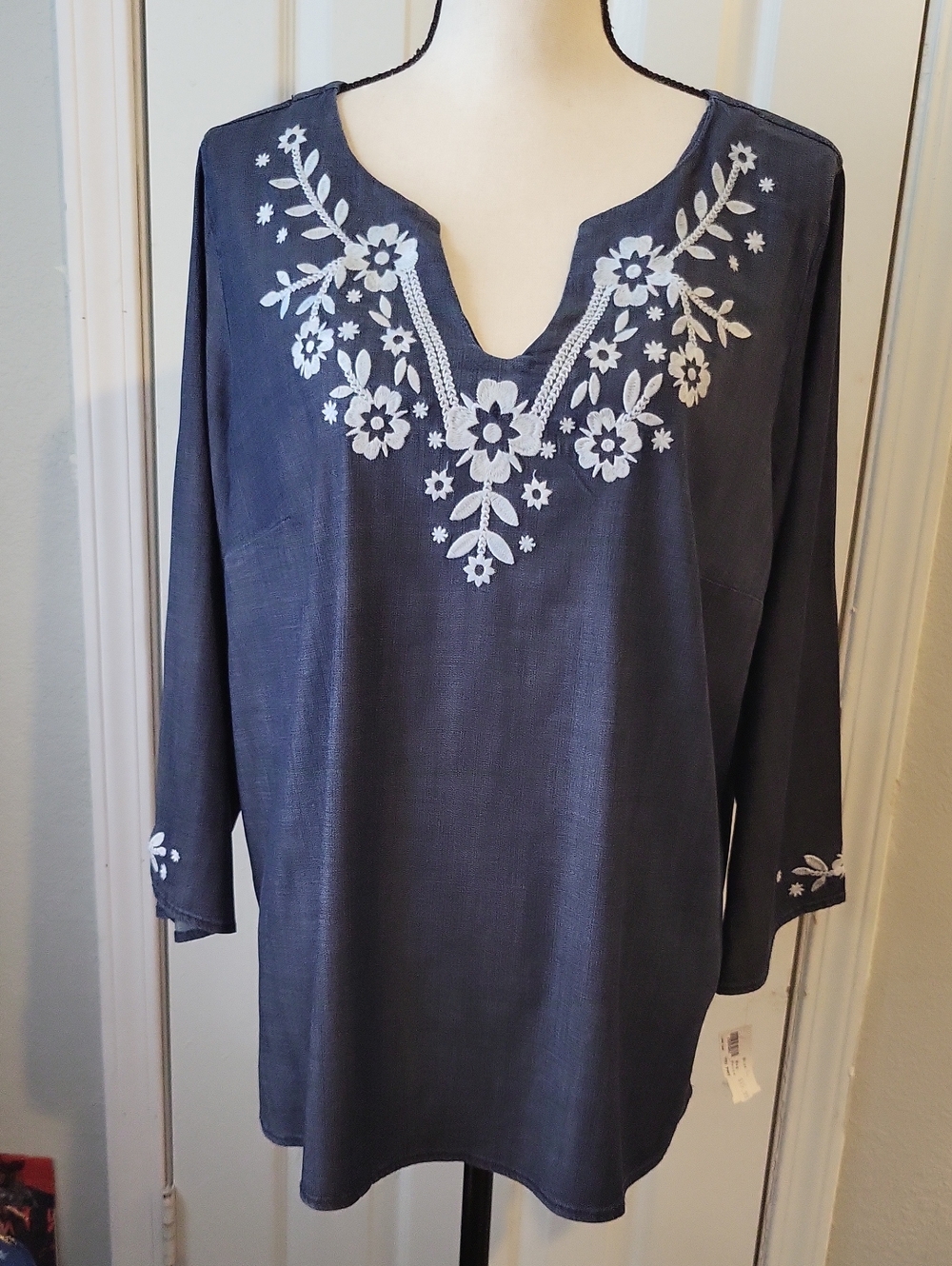 Susan Graver Navy Tunic with White Floral Embroidery